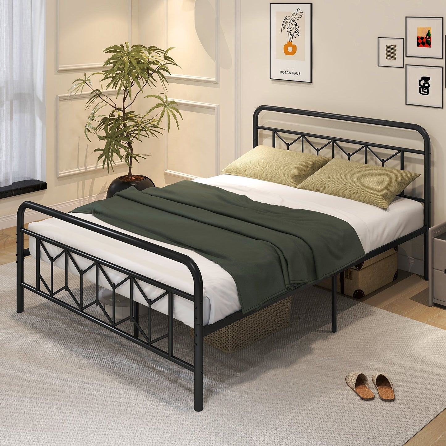 Platform Bed with High Headboard and Snap Lock Metal Slats-King Size