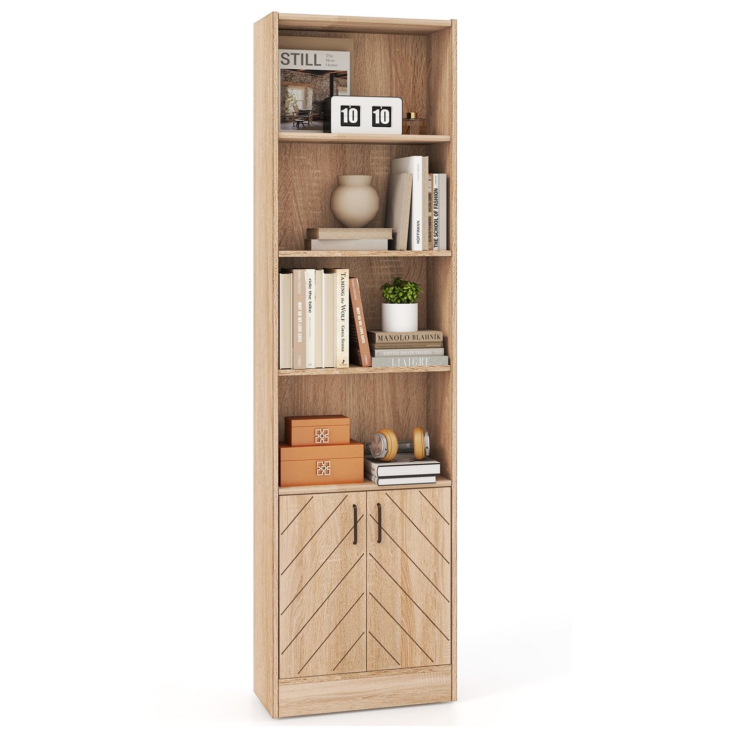 71 Inch 6-Tier Tall Bookshelf with Double Doors 4 Open Cubes-Oak
