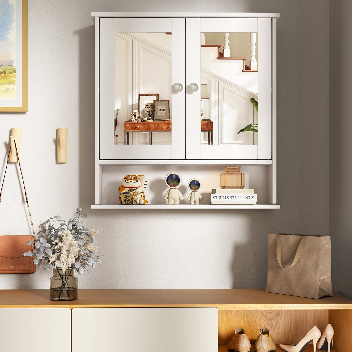 Double Door Wall-Mounted Bathroom Mirror Cabinet with Storage Shelf-Black