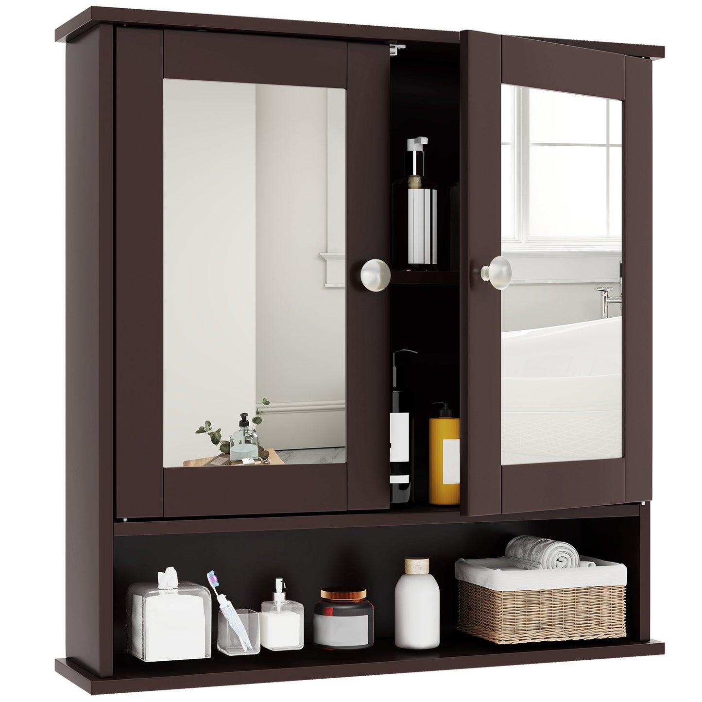 Double Door Wall-Mounted Bathroom Mirror Cabinet with Storage Shelf-Black