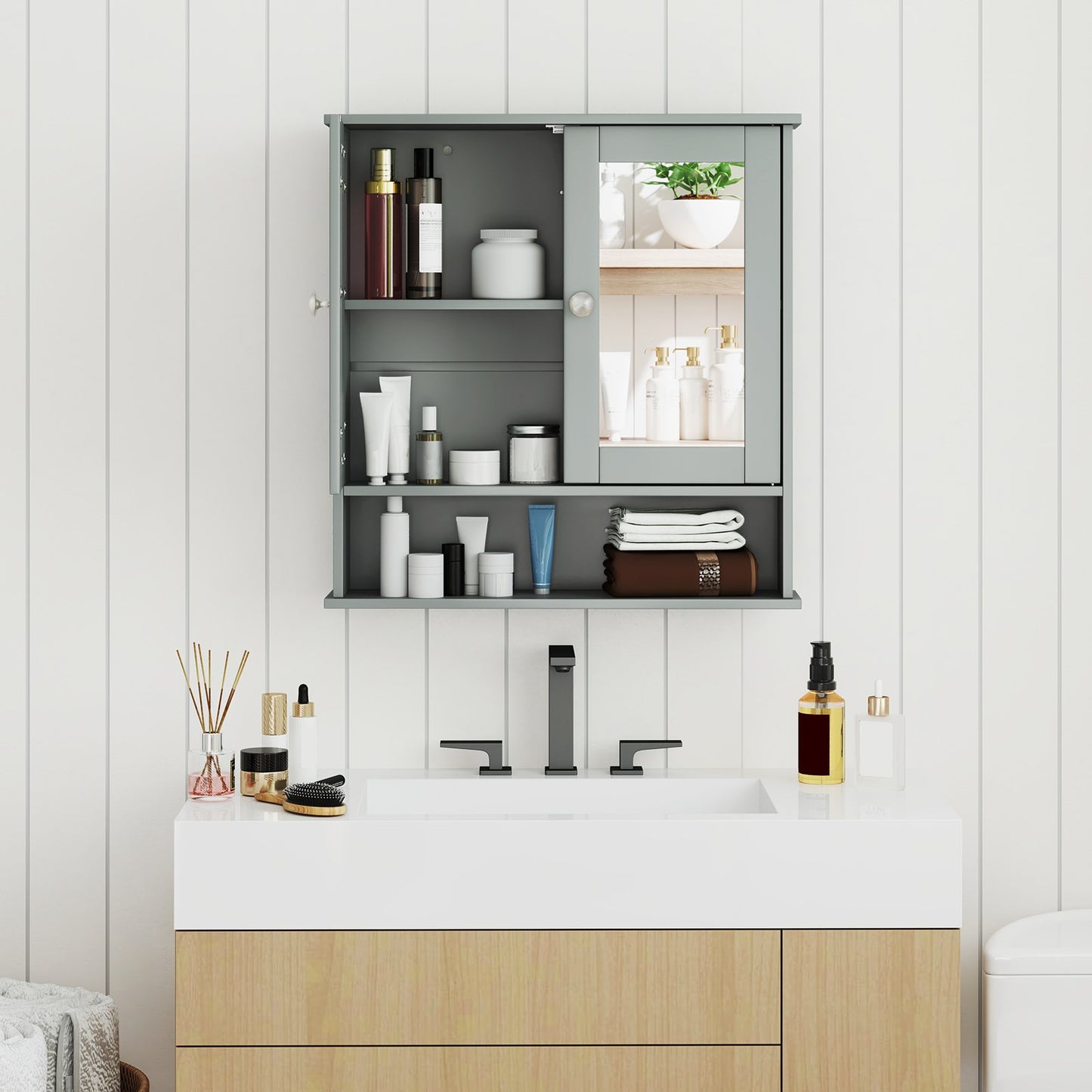 Double Door Wall-Mounted Bathroom Mirror Cabinet with Storage Shelf-Black