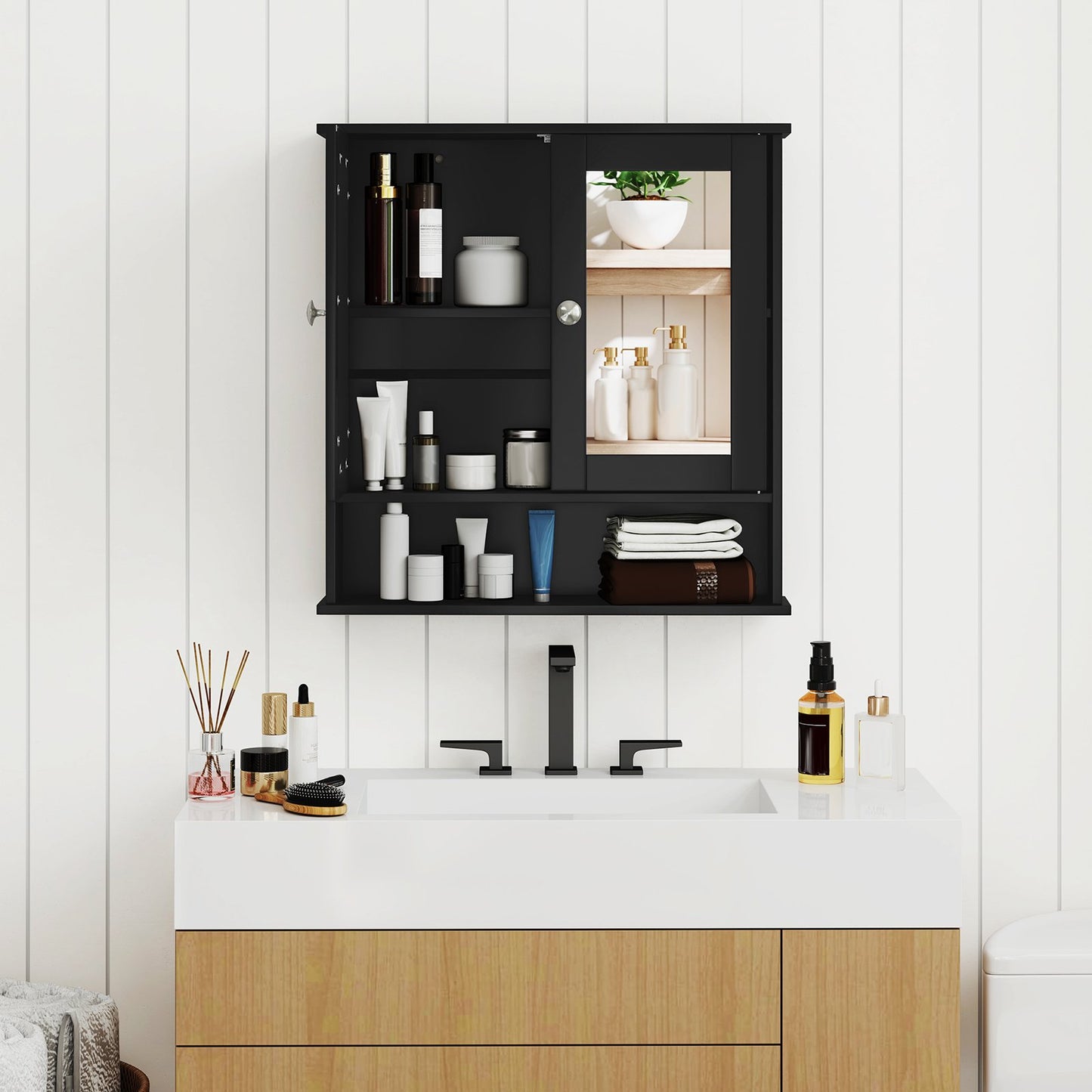 Double Door Wall-Mounted Bathroom Mirror Cabinet with Storage Shelf-Black