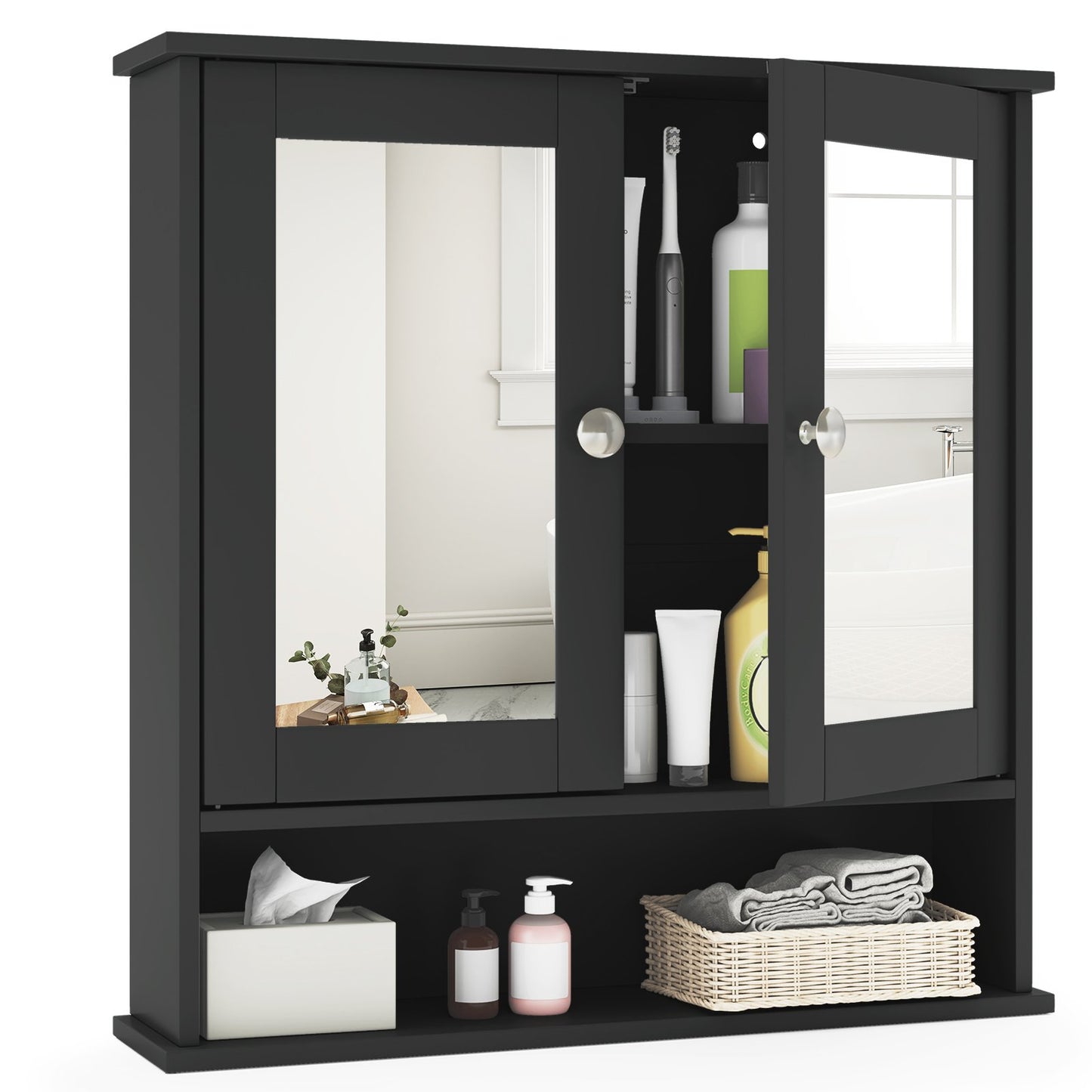 Double Door Wall-Mounted Bathroom Mirror Cabinet with Storage Shelf-Black