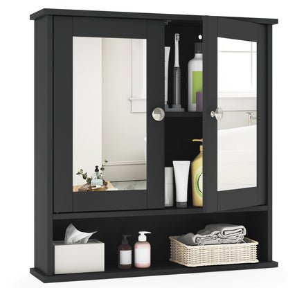 Double Door Wall-Mounted Bathroom Mirror Cabinet with Storage Shelf-Black