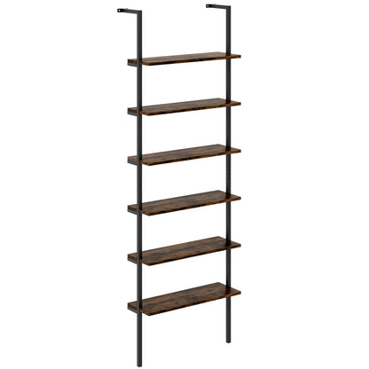 6-tier Ladder Shelf 72 Inches Industrial Wall Mounted Bookshelf-Oak