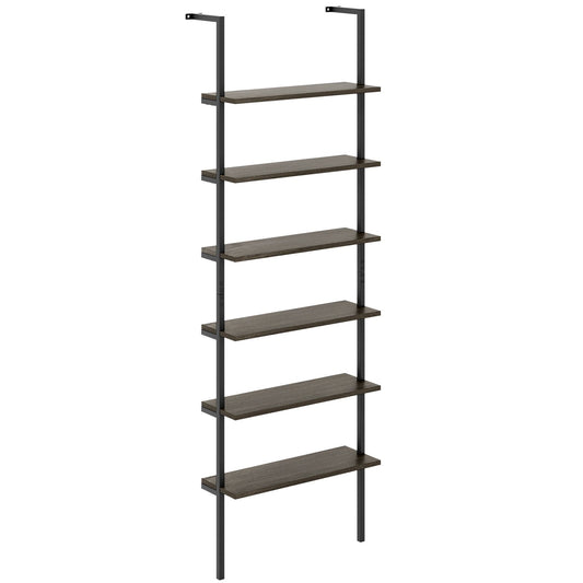 6-tier Ladder Shelf 72 Inches Industrial Wall Mounted Bookshelf-Oak