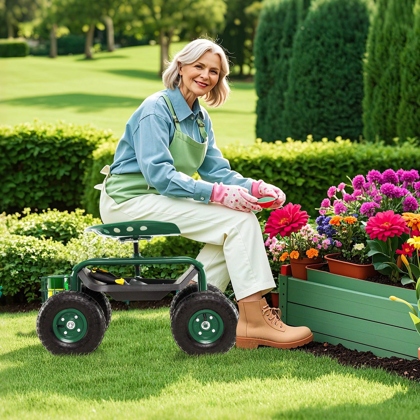 4-Wheel Rolling Garden Cart Work Seat-Blue