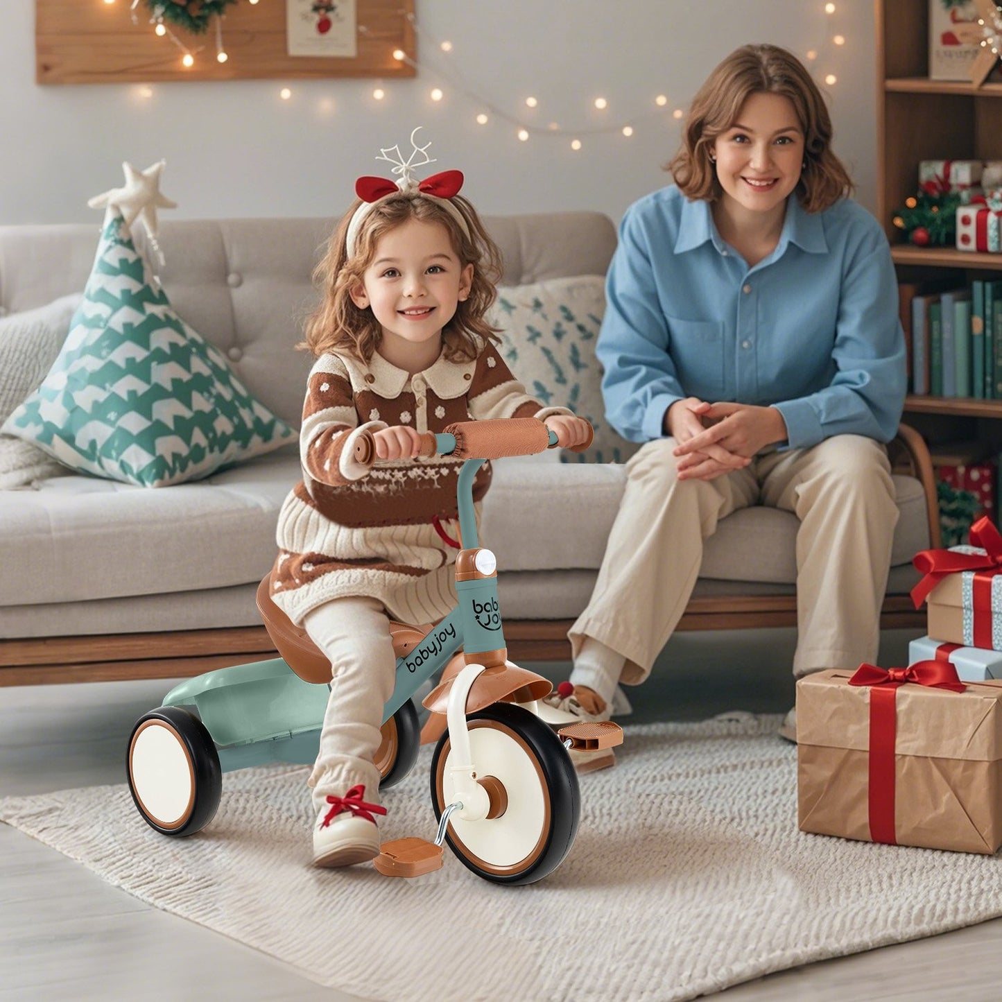 Toddler Tricycle Kids Trike with Adjustable Seat and Basket Aged 3-5 Years Old-Beige