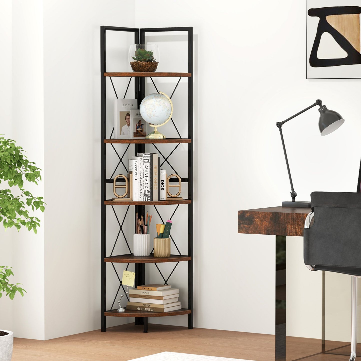 5-Tier Freestanding Corner Shelf 63 Inch Tall Storage Rack-Oak