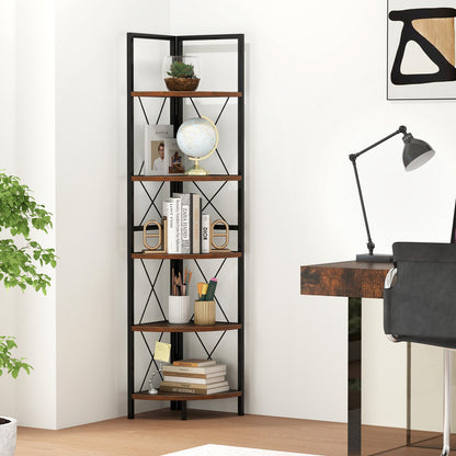 5-Tier Freestanding Corner Shelf 63 Inch Tall Storage Rack-Oak