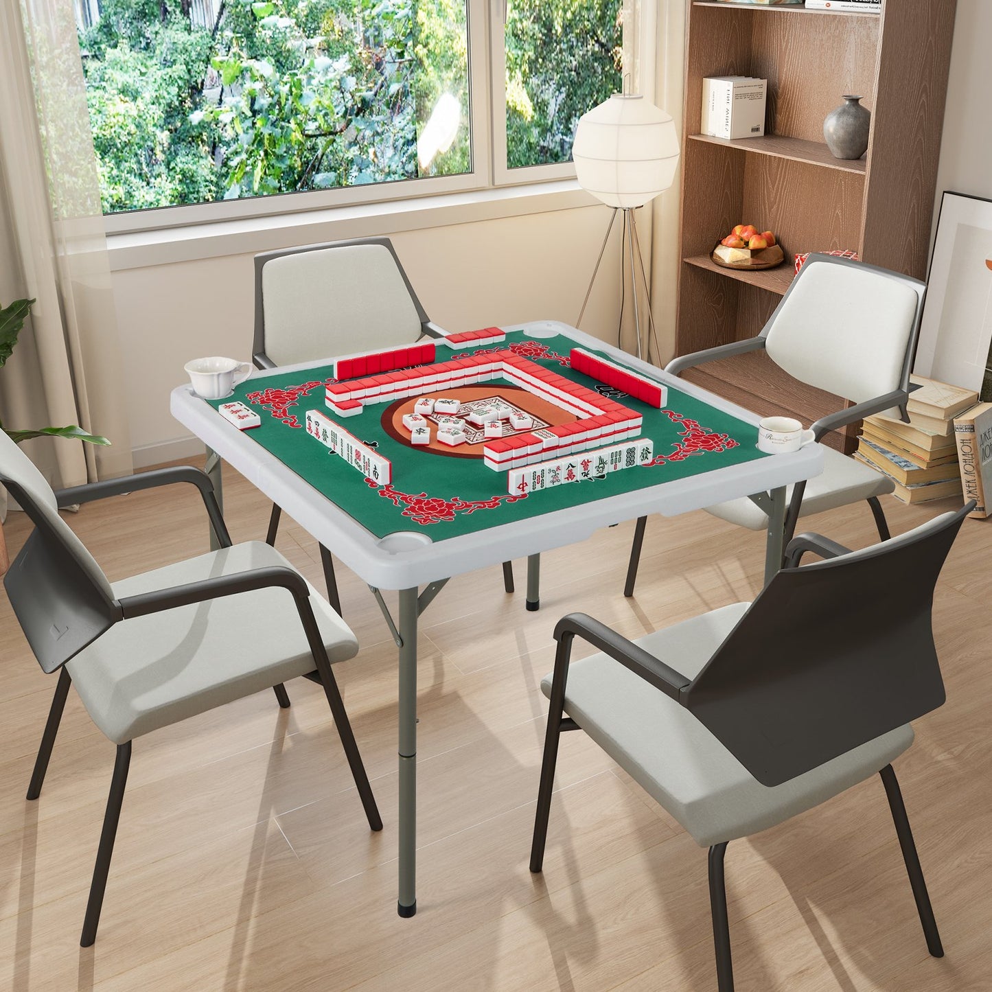 35 Inch 4 Player Game Card Folding Mahjong Table with Cup Holders-Blue