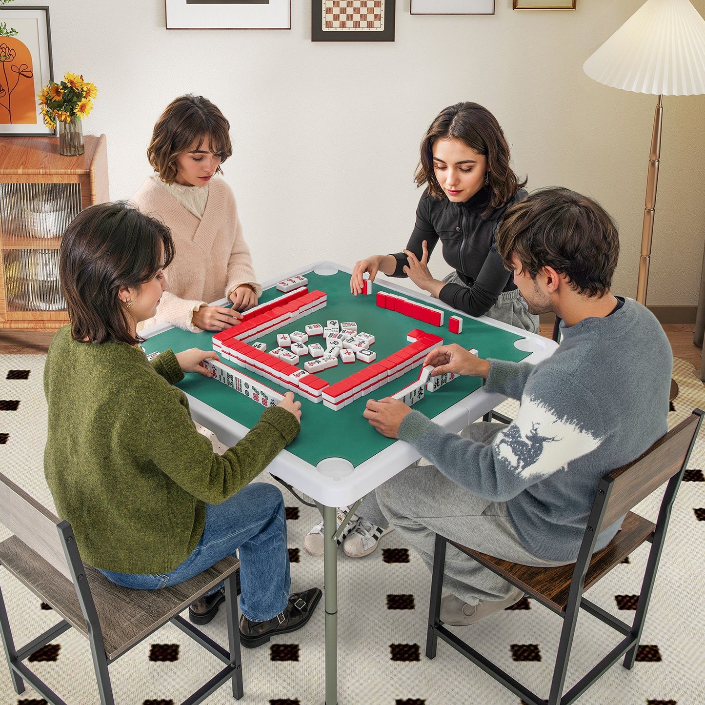 35 Inch 4 Player Game Card Folding Mahjong Table with Cup Holders-Blue