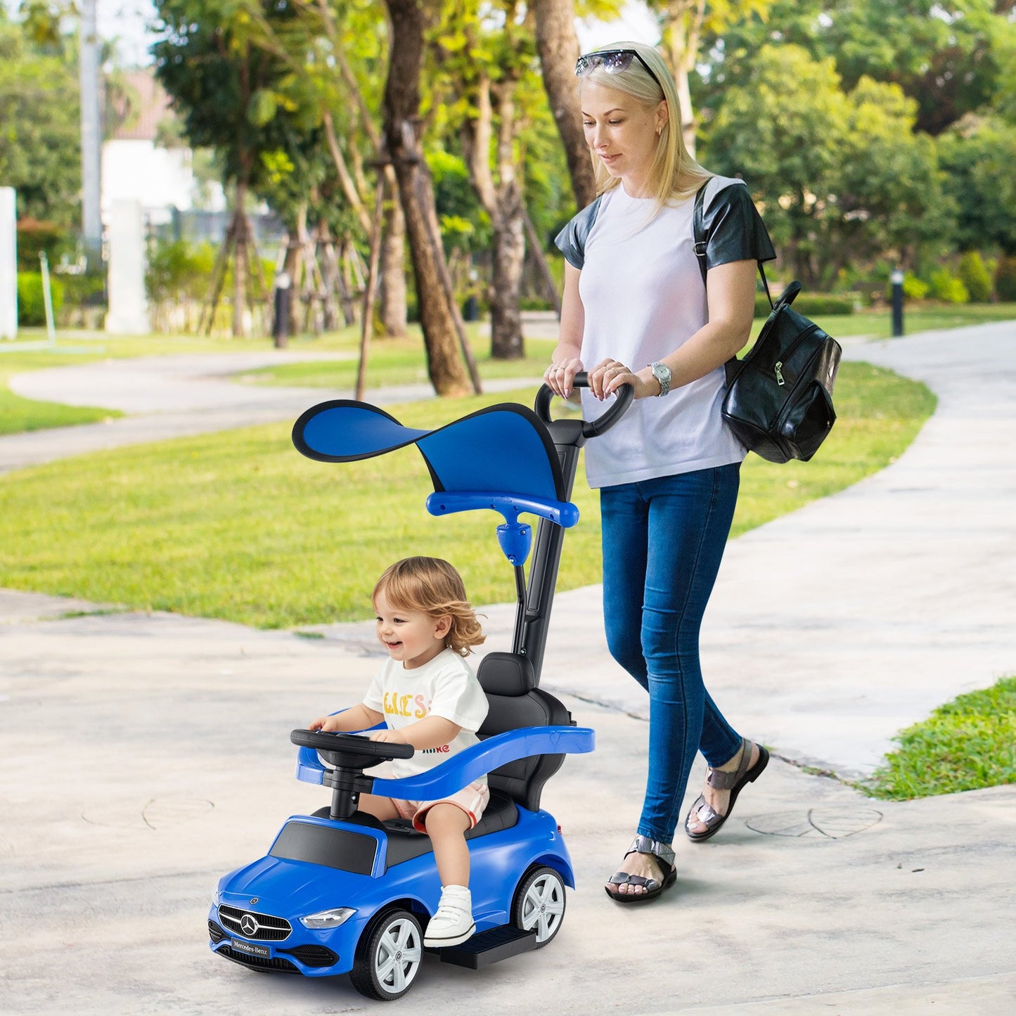 3-in-1 Ride on Push Car Mercedes-Benz Licensed Sliding Car with Canopy-Black