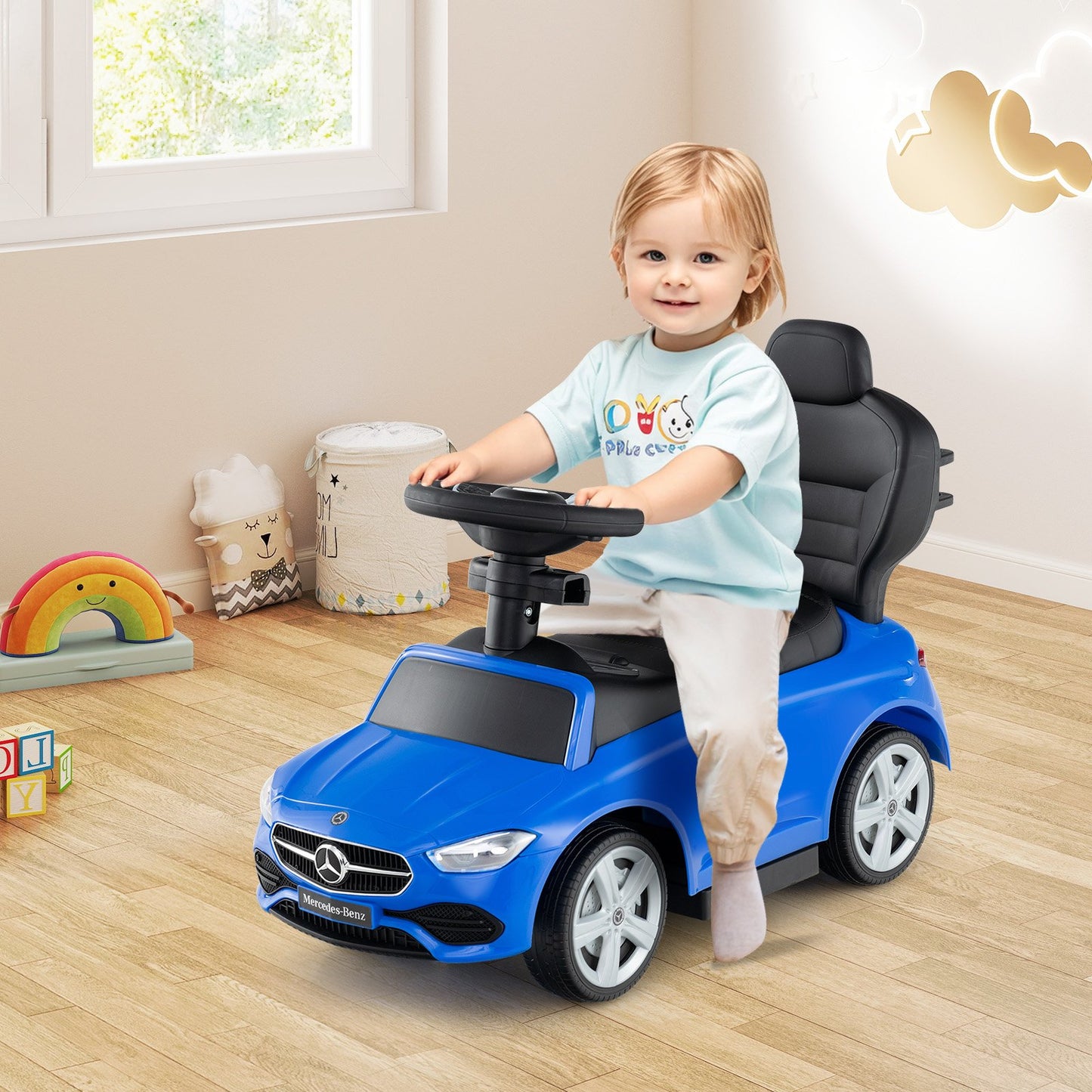 3-in-1 Ride on Push Car Mercedes-Benz Licensed Sliding Car with Canopy-Black