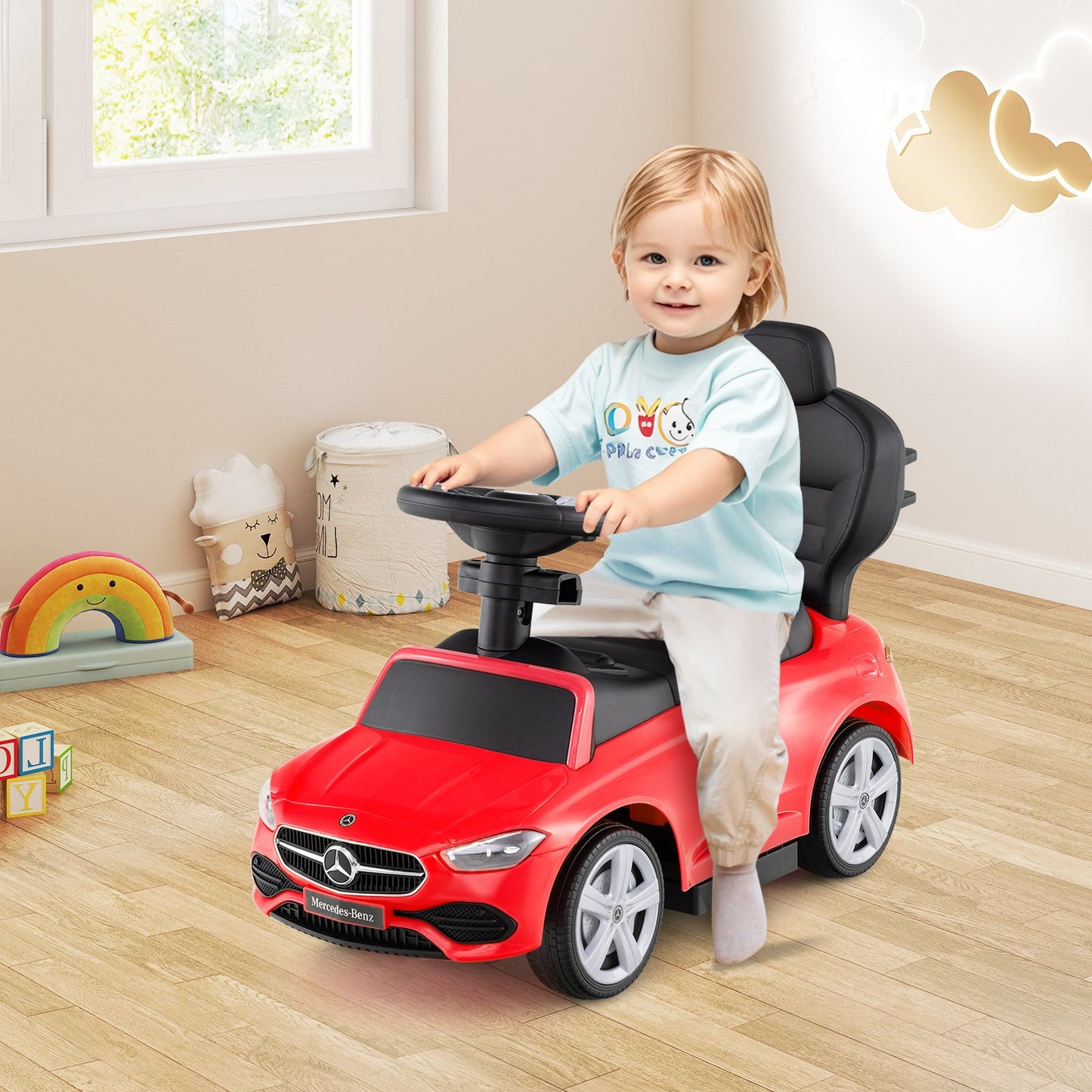 3-in-1 Ride on Push Car Mercedes-Benz Licensed Sliding Car with Canopy-Black