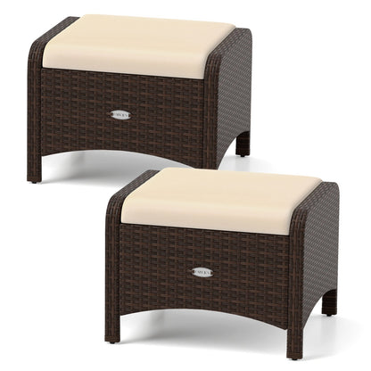 2 Pieces Outdoor Patio PE Wicker Ottomans with Removable Cushions-Beige