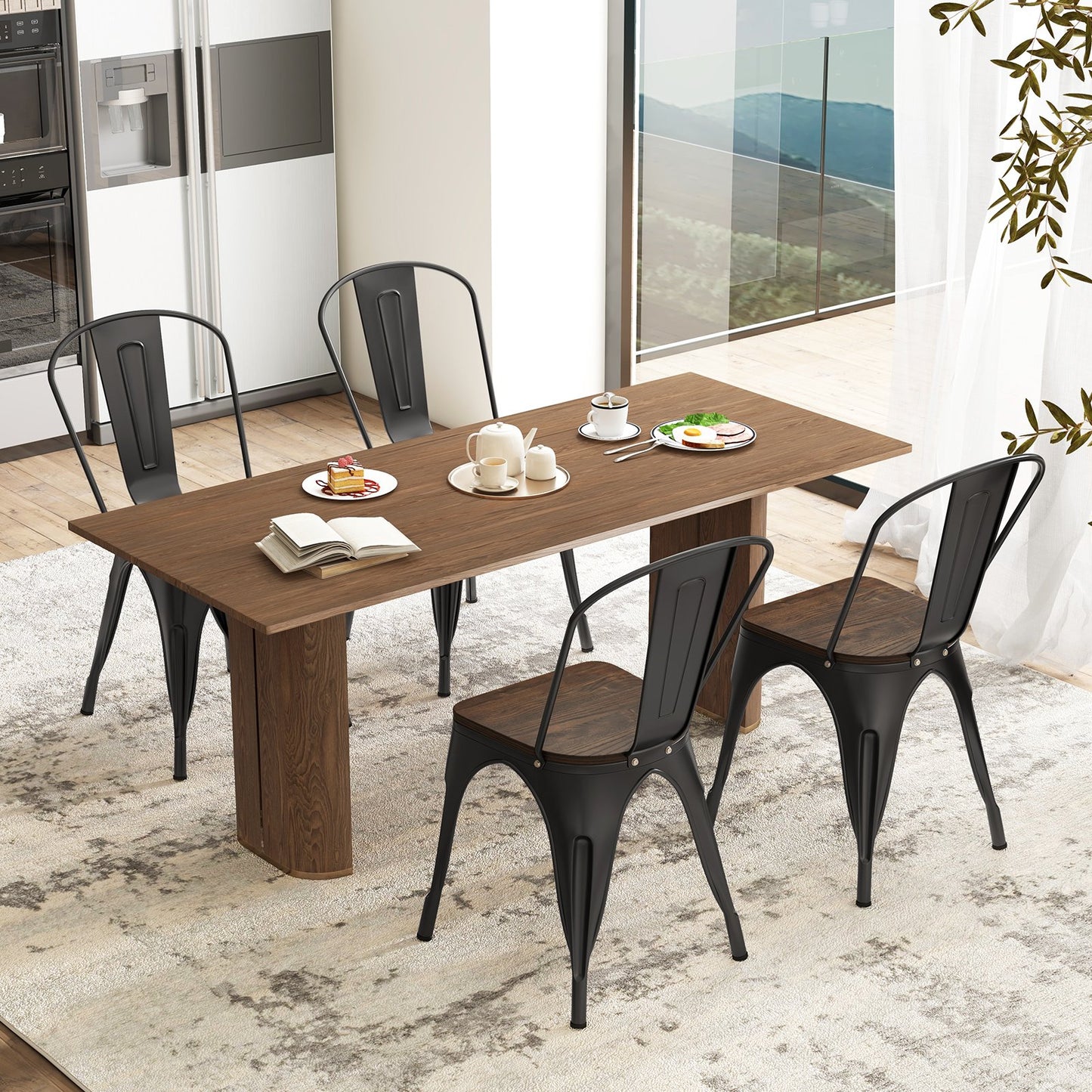 Metal Dining Chairs Set of 4 Tolix Style Stackable Kitchen Chairs with Wood Seat-Black