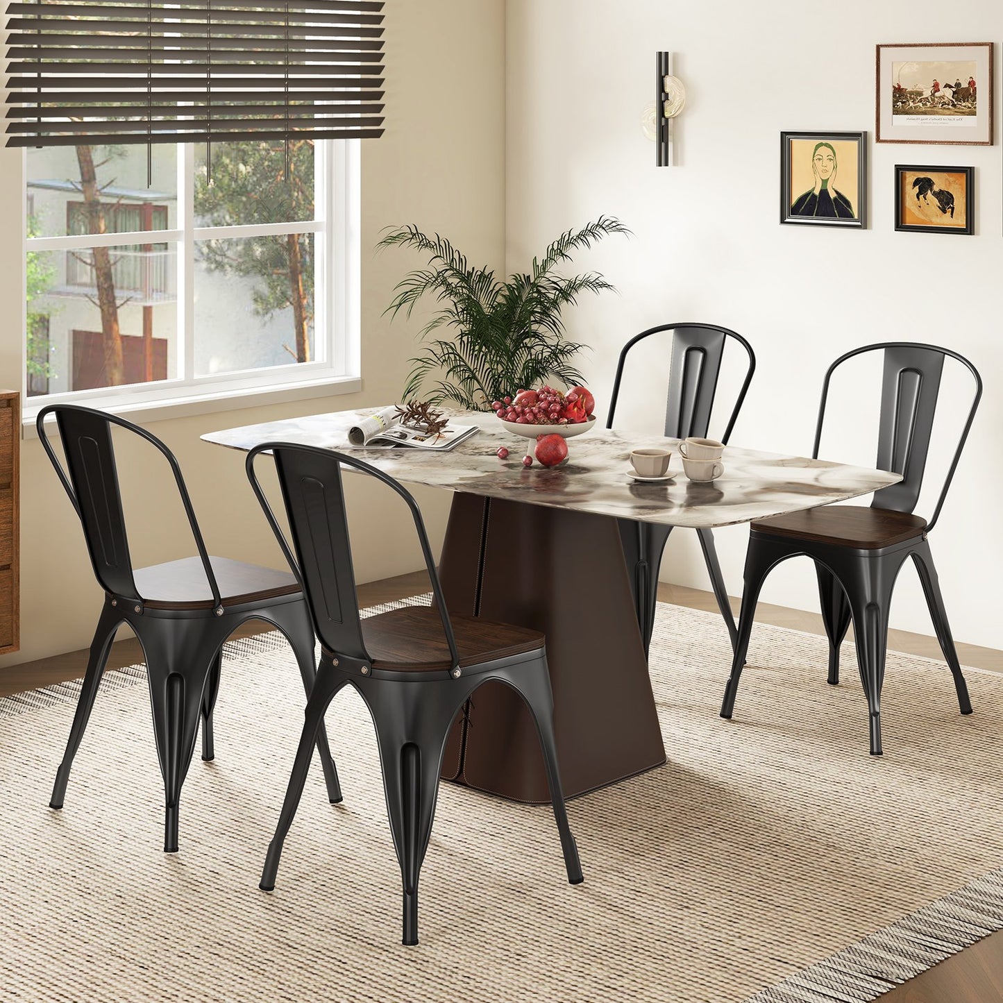 Metal Dining Chairs Set of 4 Tolix Style Stackable Kitchen Chairs with Wood Seat-Black