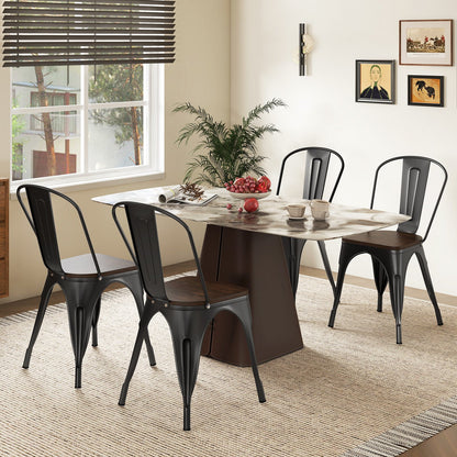 Metal Dining Chairs Set of 4 Tolix Style Stackable Kitchen Chairs with Wood Seat-Black