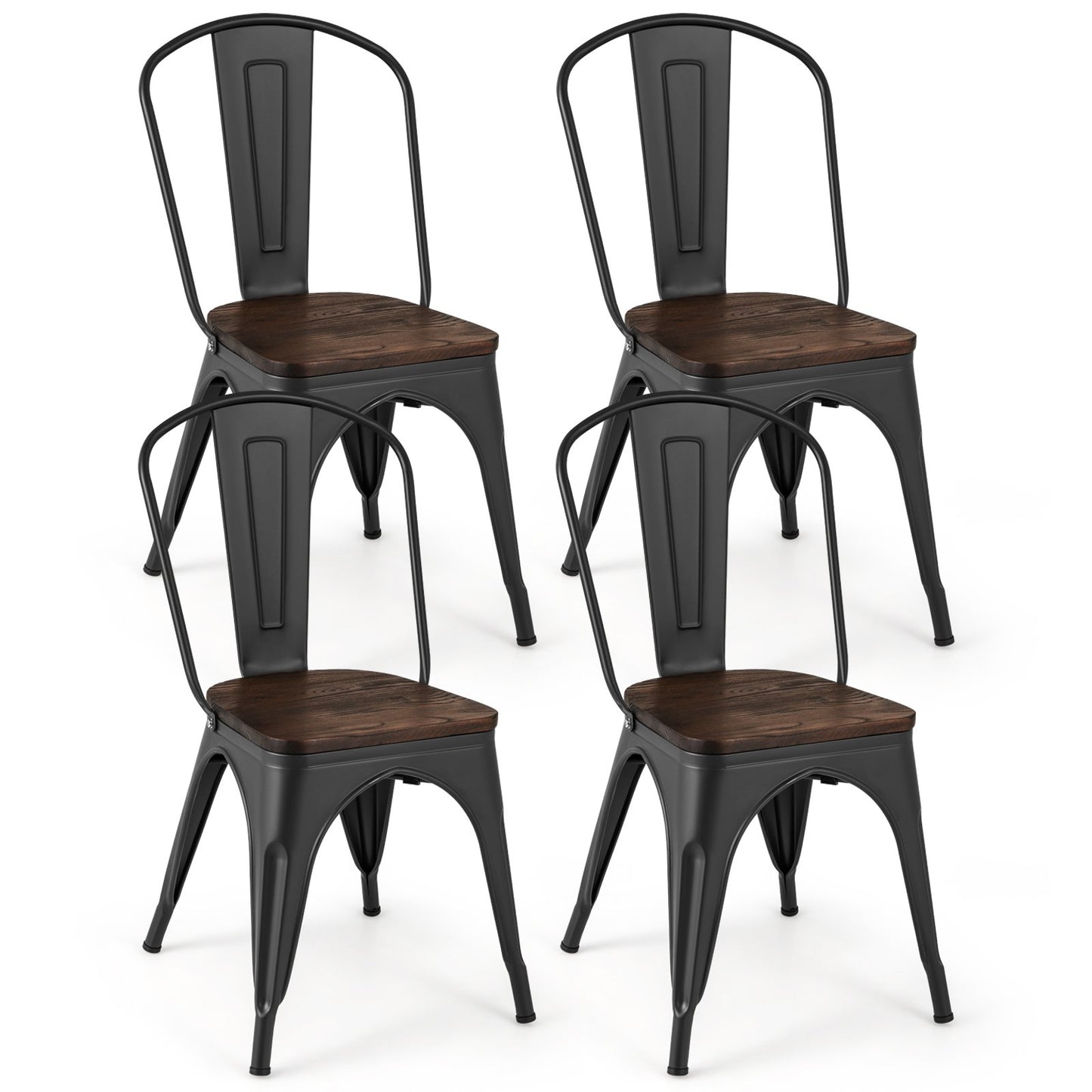 Metal Dining Chairs Set of 4 Tolix Style Stackable Kitchen Chairs with Wood Seat-Black