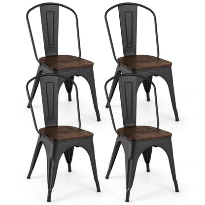 Metal Dining Chairs Set of 4 Tolix Style Stackable Kitchen Chairs with Wood Seat-Black
