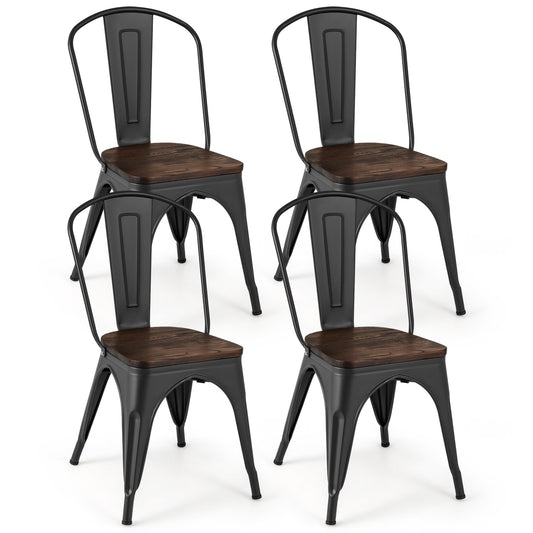 Metal Dining Chairs Set of 4 Tolix Style Stackable Kitchen Chairs with Wood Seat-Black