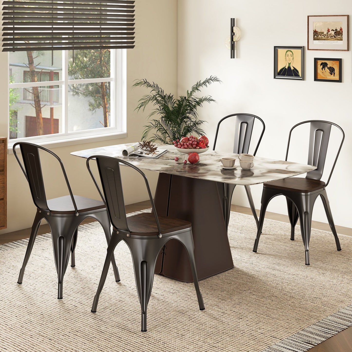 Metal Dining Chairs Set of 4 Tolix Style Stackable Kitchen Chairs with Wood Seat-Black
