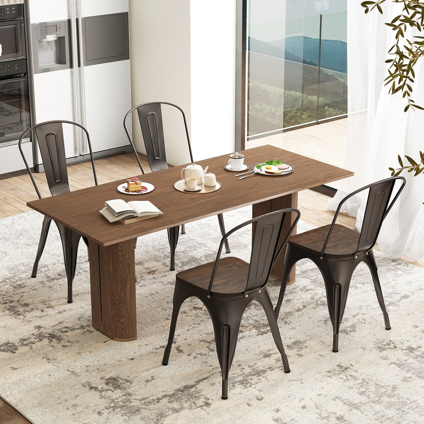 Metal Dining Chairs Set of 4 Tolix Style Stackable Kitchen Chairs with Wood Seat-Black