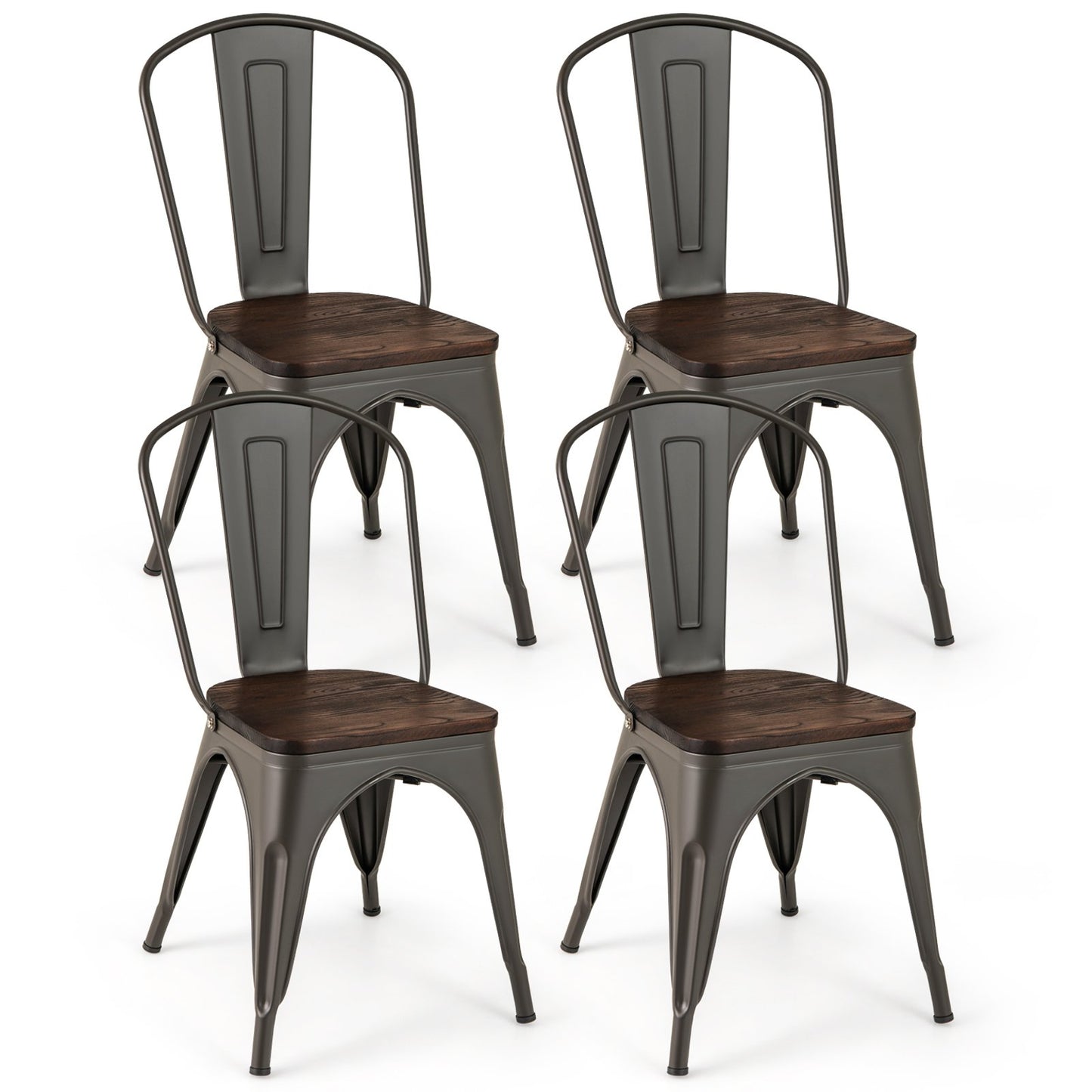 Metal Dining Chairs Set of 4 Tolix Style Stackable Kitchen Chairs with Wood Seat-Black