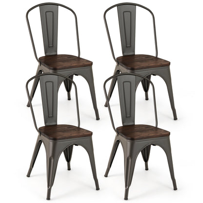 Metal Dining Chairs Set of 4 Tolix Style Stackable Kitchen Chairs with Wood Seat-Black