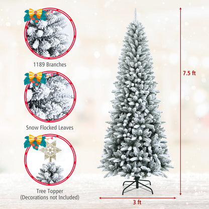 Snow-Flocked Hinged Artificial Christmas Pencil Tree with Mixed Tips-7.5'