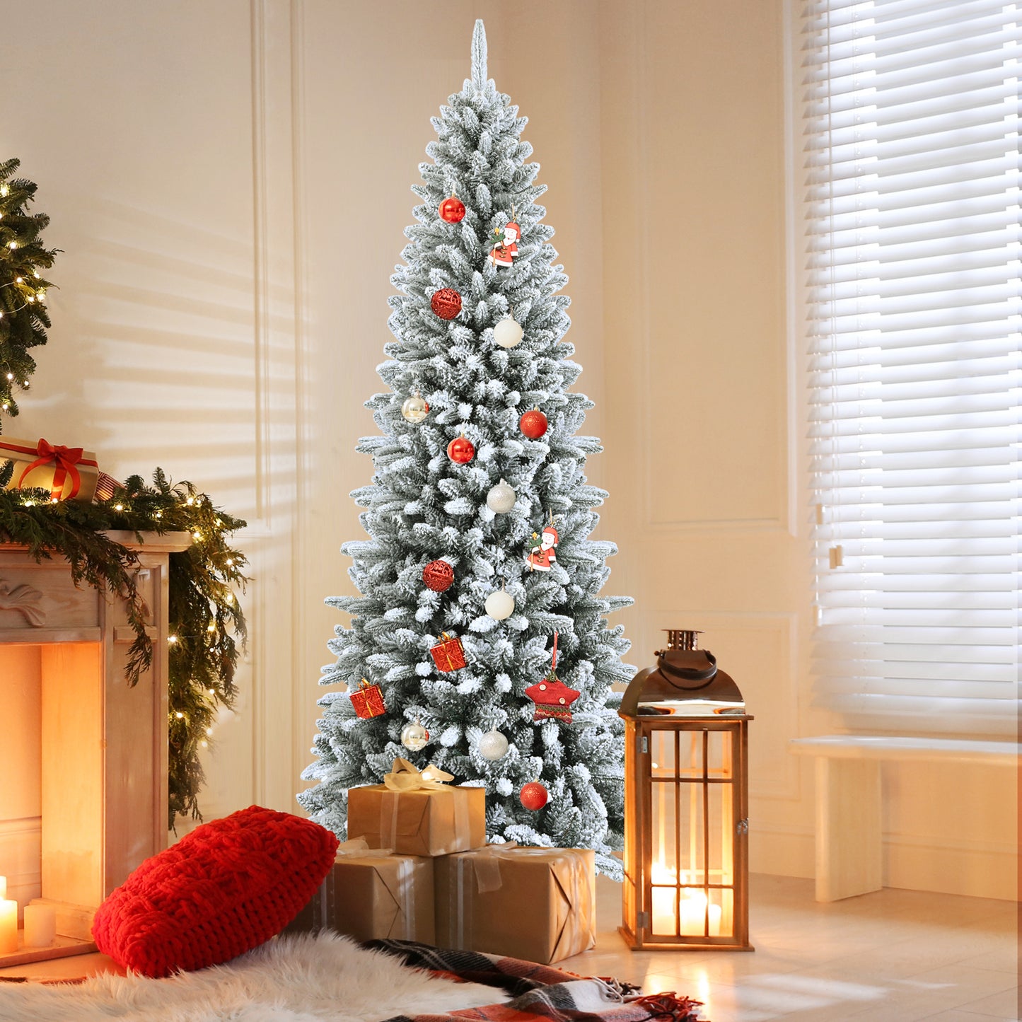 Snow-Flocked Hinged Artificial Christmas Pencil Tree with Mixed Tips-7.5'