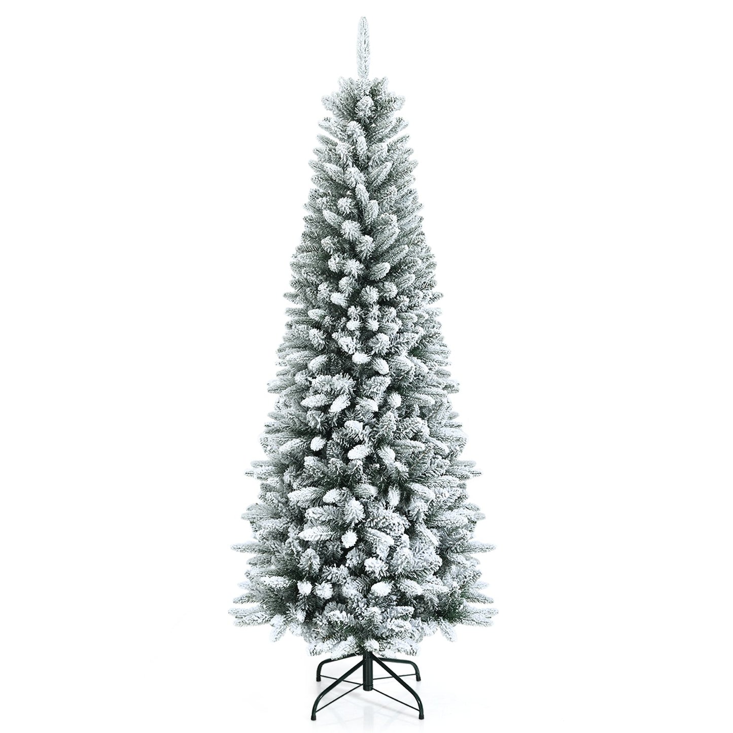 Snow-Flocked Hinged Artificial Christmas Pencil Tree with Mixed Tips-6.5 ft