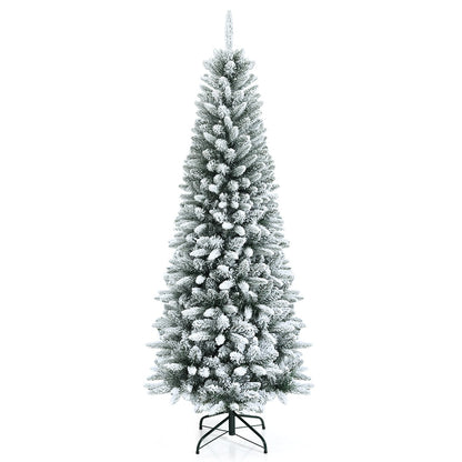Snow-Flocked Hinged Artificial Christmas Pencil Tree with Mixed Tips-6.5 ft