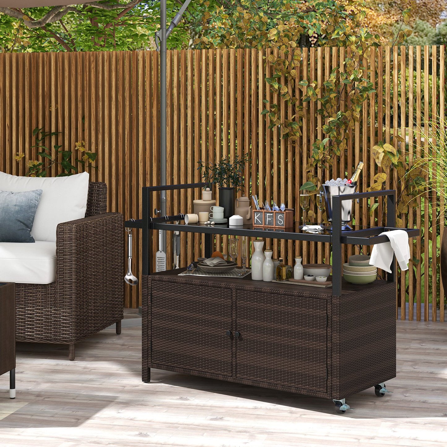 Outdoor Bar Cart Wicker Buffet Serving Cart with Cabinet and 8 Hooks-Black