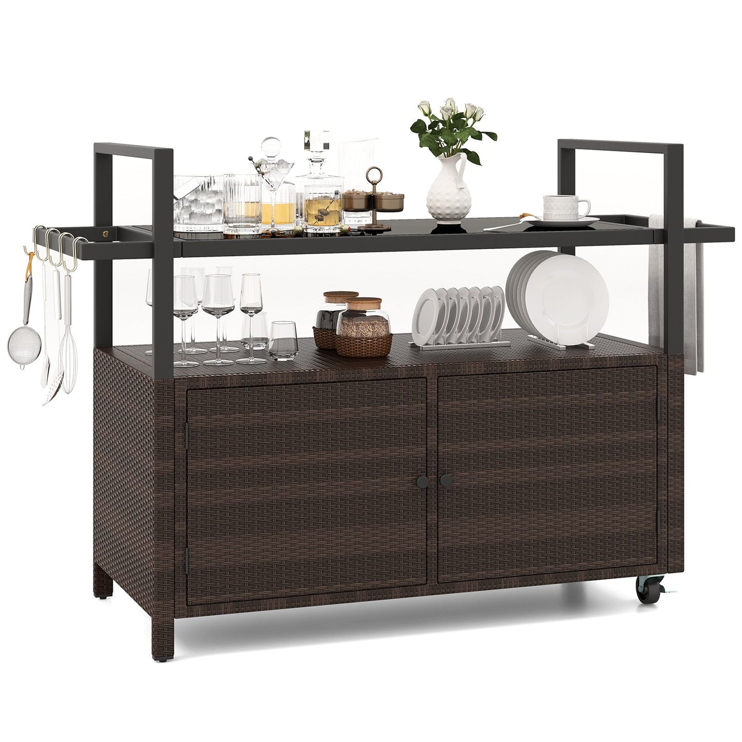 Outdoor Bar Cart Wicker Buffet Serving Cart with Cabinet and 8 Hooks-Black