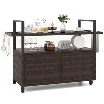 Outdoor Bar Cart Wicker Buffet Serving Cart with Cabinet and 8 Hooks-Black