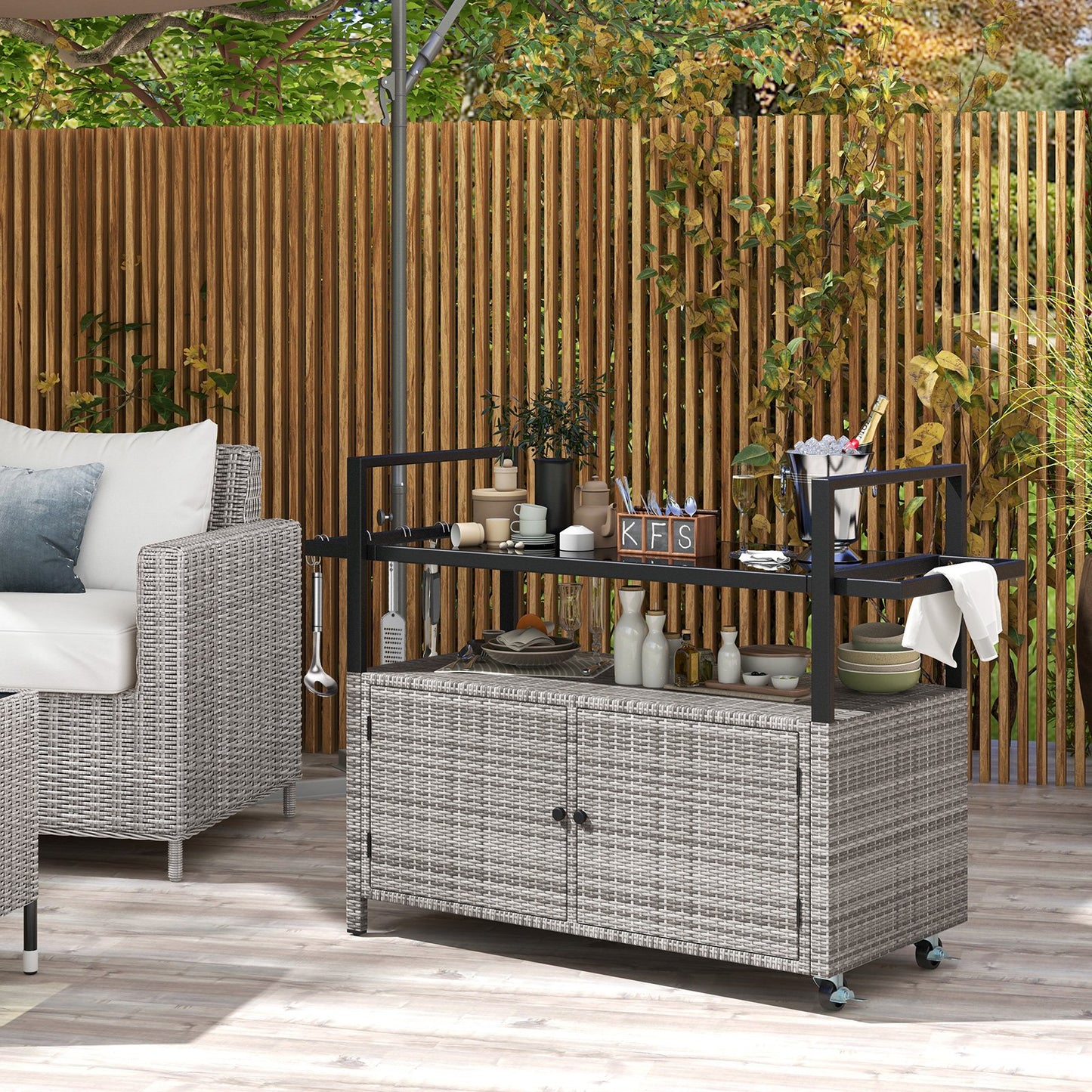 Outdoor Bar Cart Wicker Buffet Serving Cart with Cabinet and 8 Hooks-Black