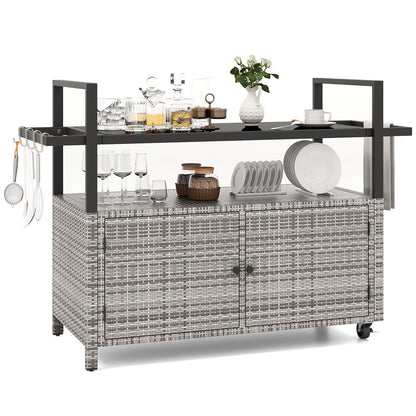 Outdoor Bar Cart Wicker Buffet Serving Cart with Cabinet and 8 Hooks-Black