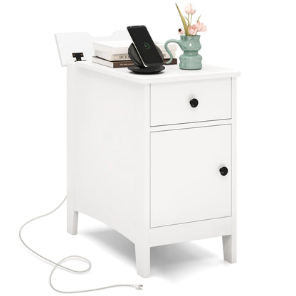 Flip Top End Table with Charging Station USB Ports Outlets and Drawer-Natural