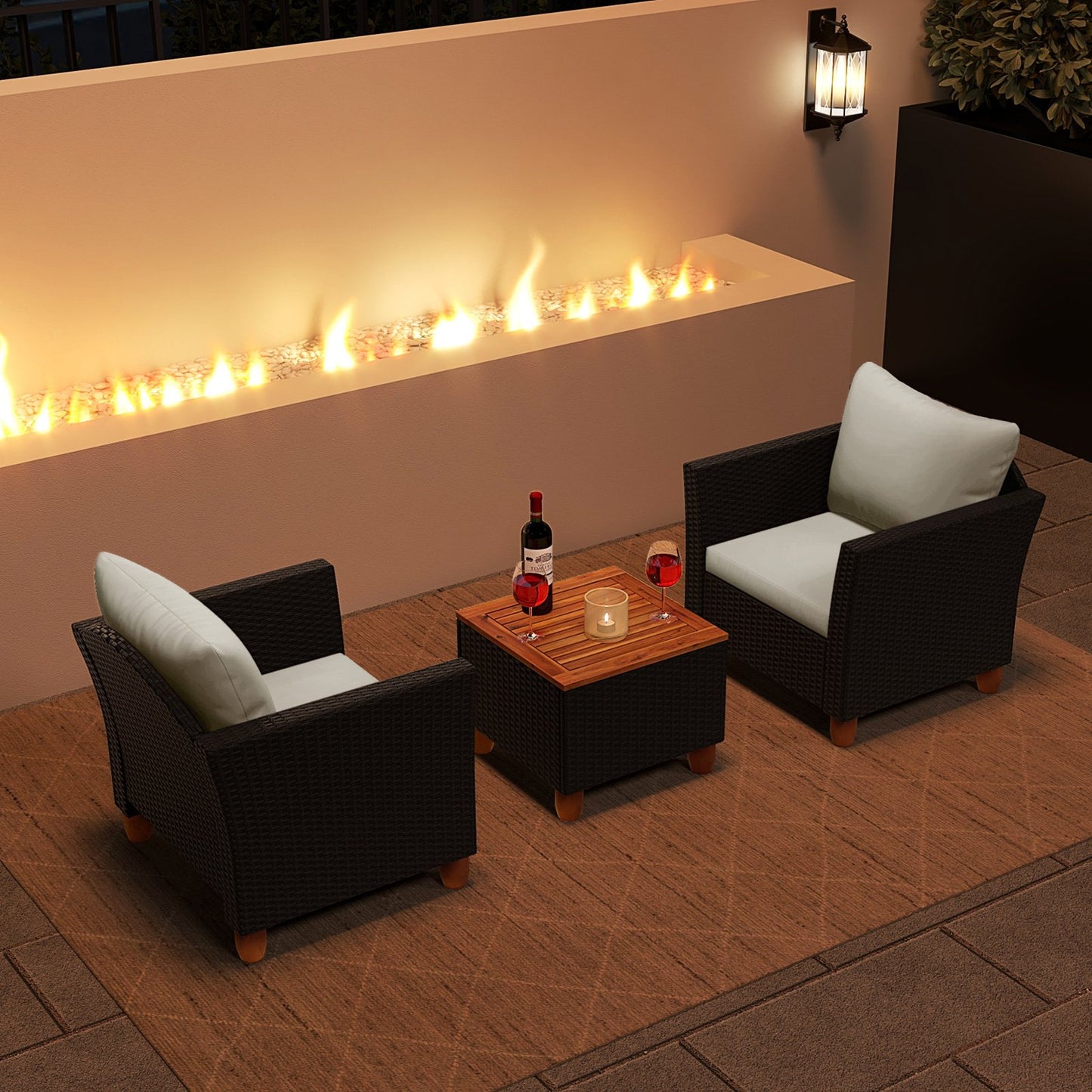 3 Pieces Outdoor Patio Rattan Furniture Set-Black
