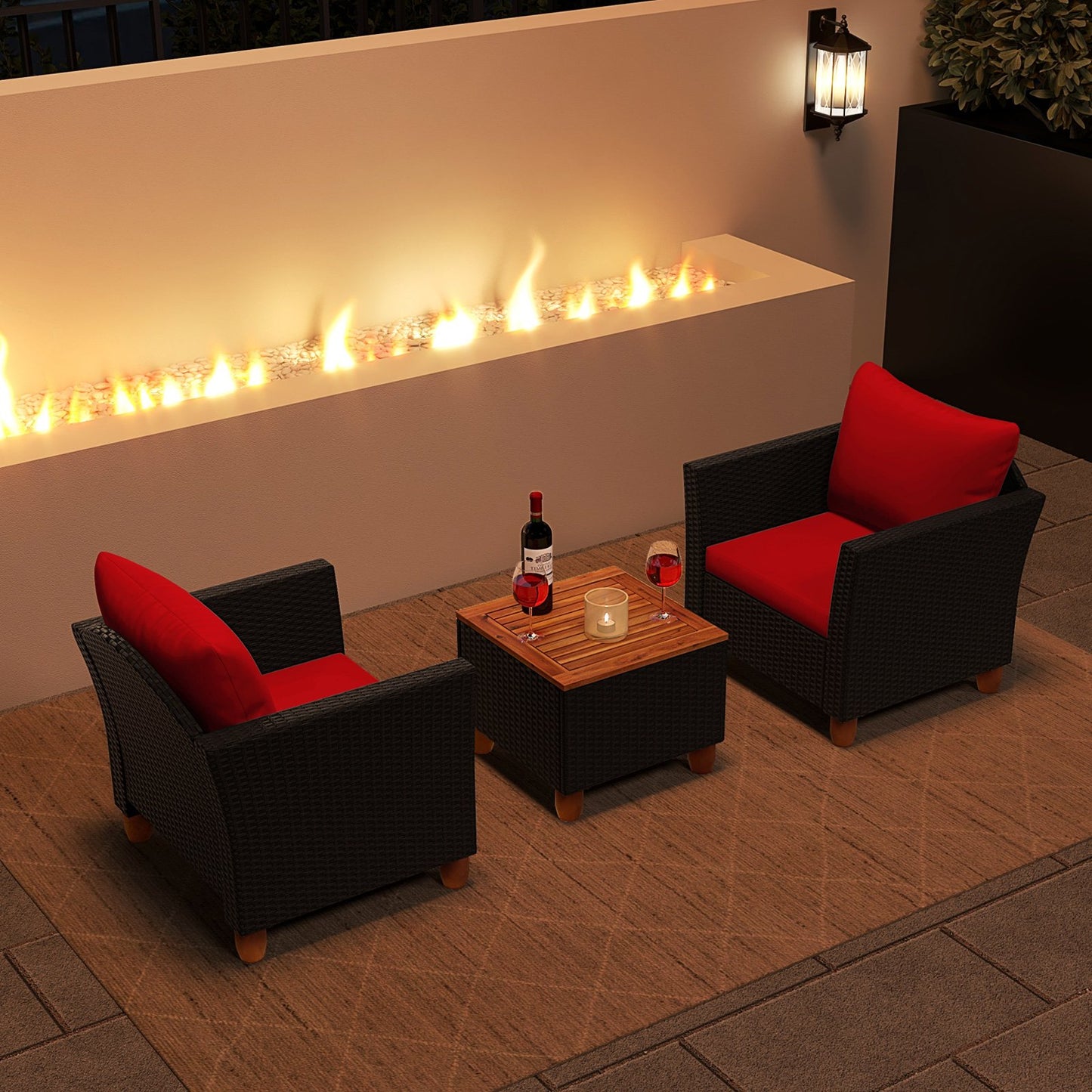 3 Pieces Outdoor Patio Rattan Furniture Set-Black