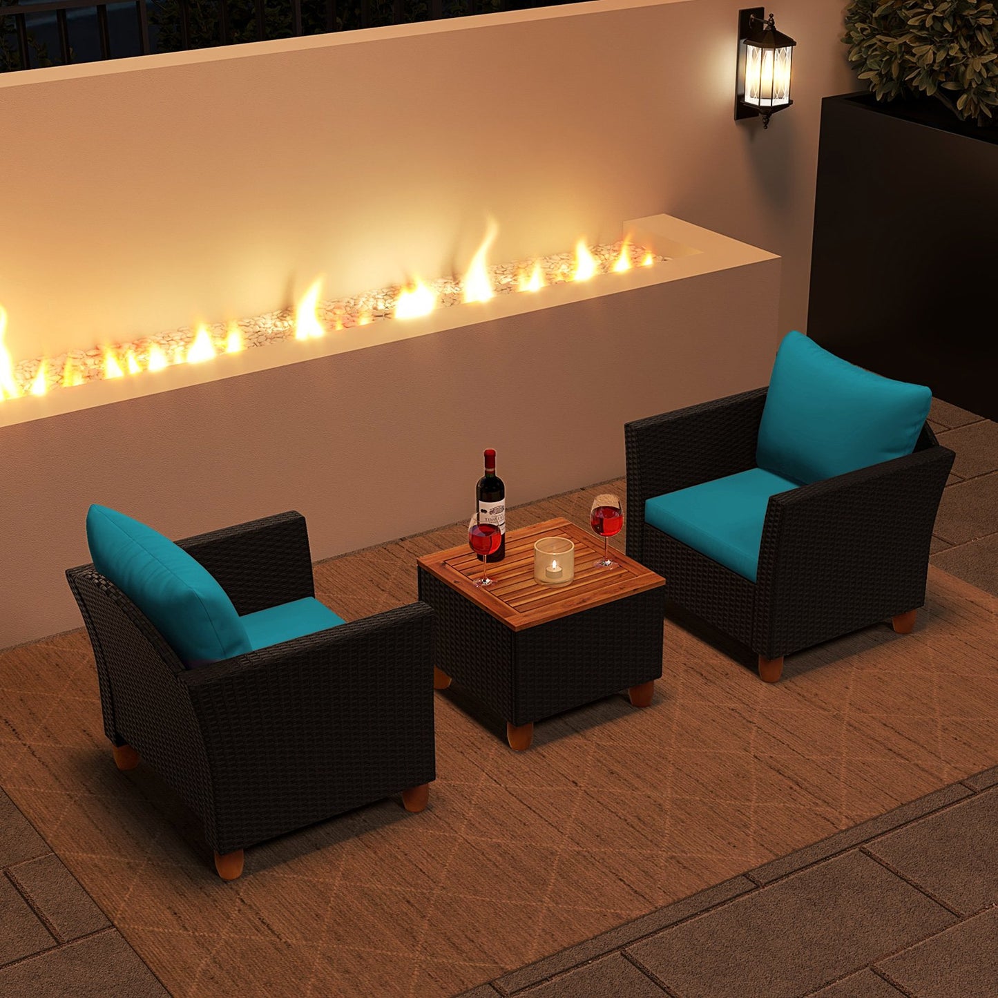 3 Pieces Outdoor Patio Rattan Furniture Set-Black