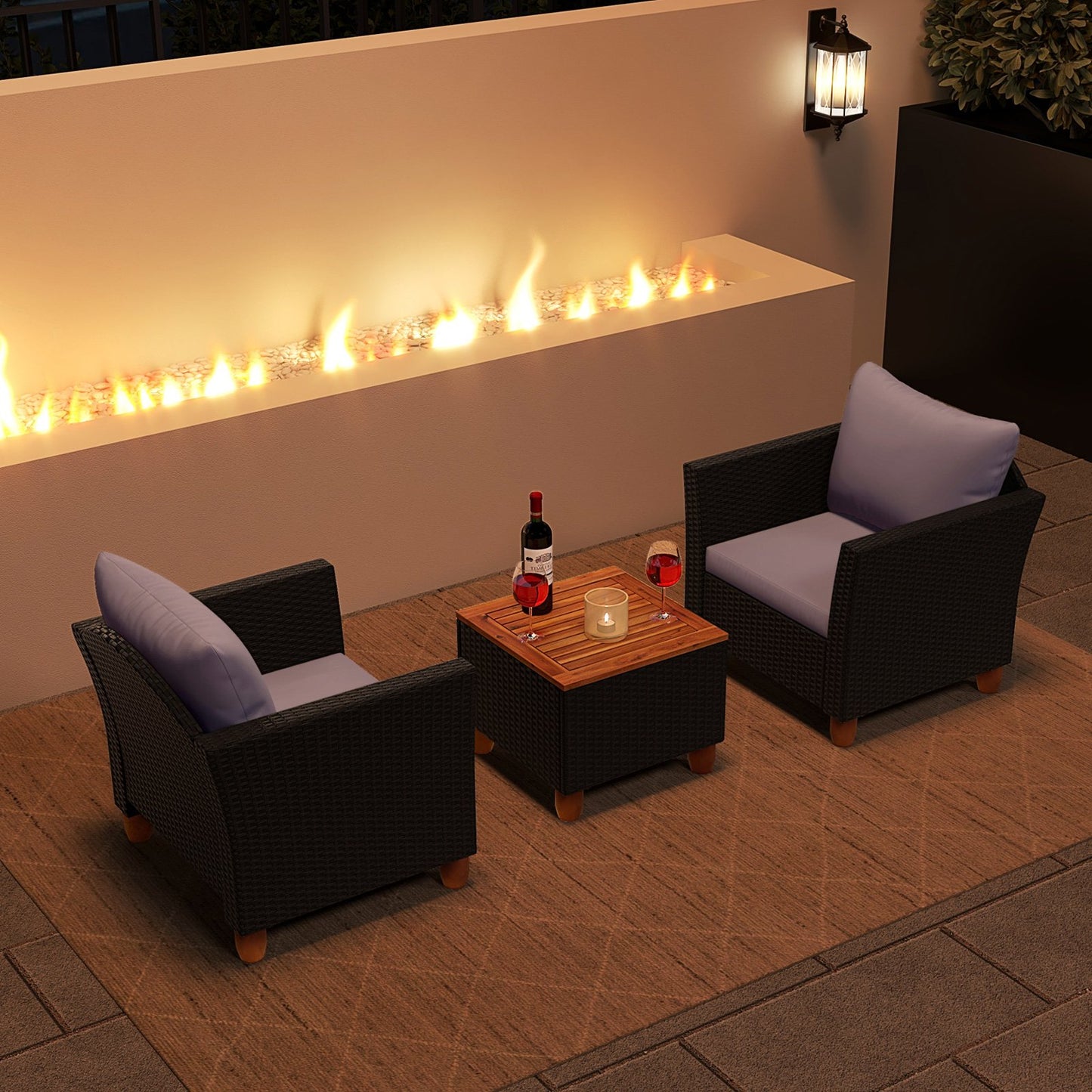3 Pieces Outdoor Patio Rattan Furniture Set-Black