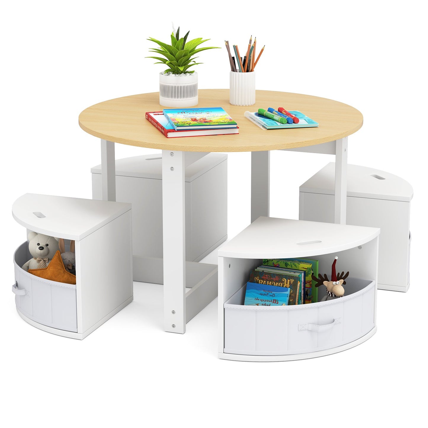 5 Piece Toddler Round Nesting Table with 4 Storage Stools for Activity-Grey