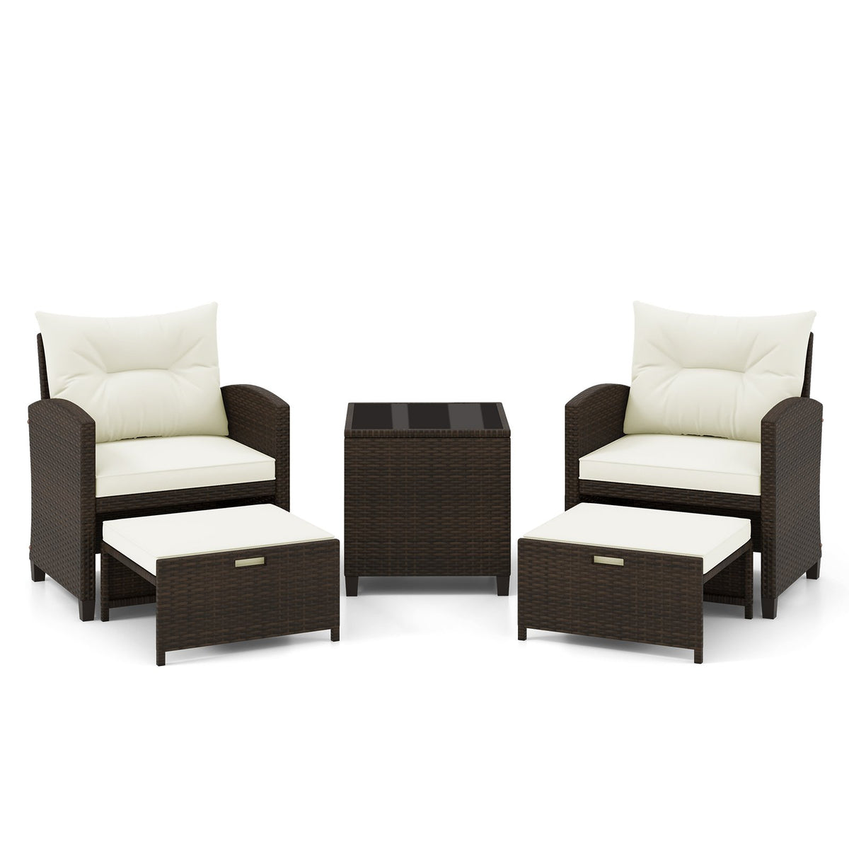 Beige 5-piece patio rattan furniture set with 2 ottomans and tempered glass coffee table for outdoor patio use.