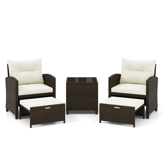 5 Pieces Patio Rattan Furniture with 2 Ottomans and Tempered Glass Coffee Table-Beige