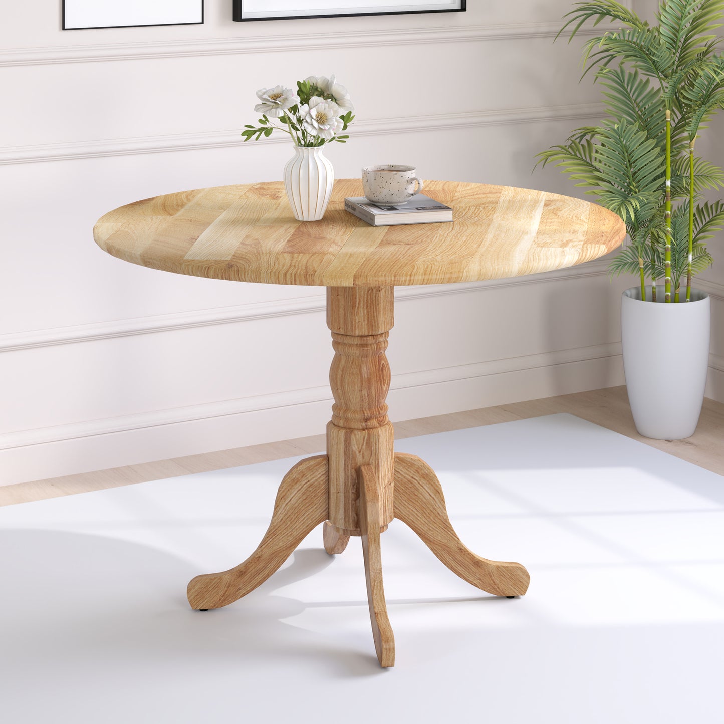 Wooden Dining Table with Round Tabletop and Curved Trestle Legs-Black