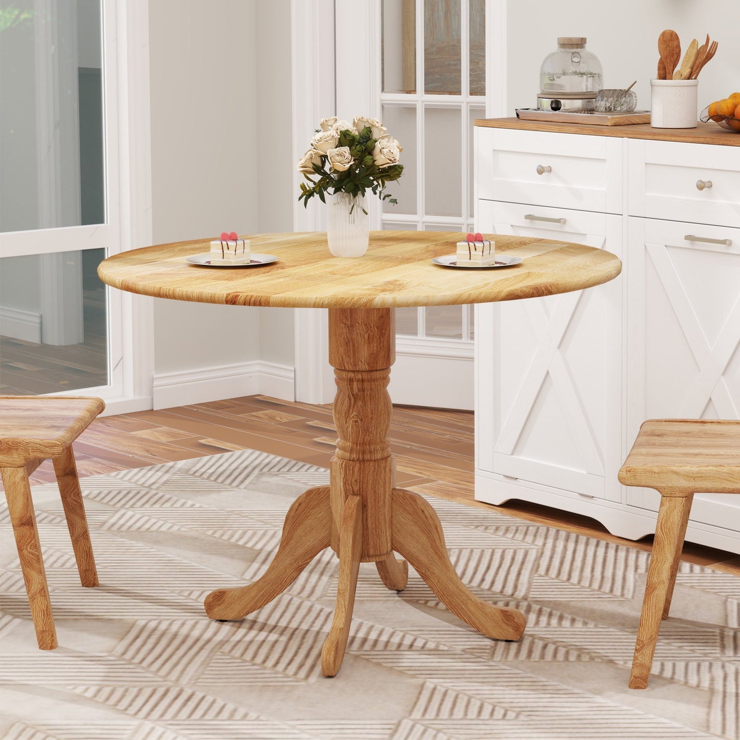 Wooden Dining Table with Round Tabletop and Curved Trestle Legs-Black