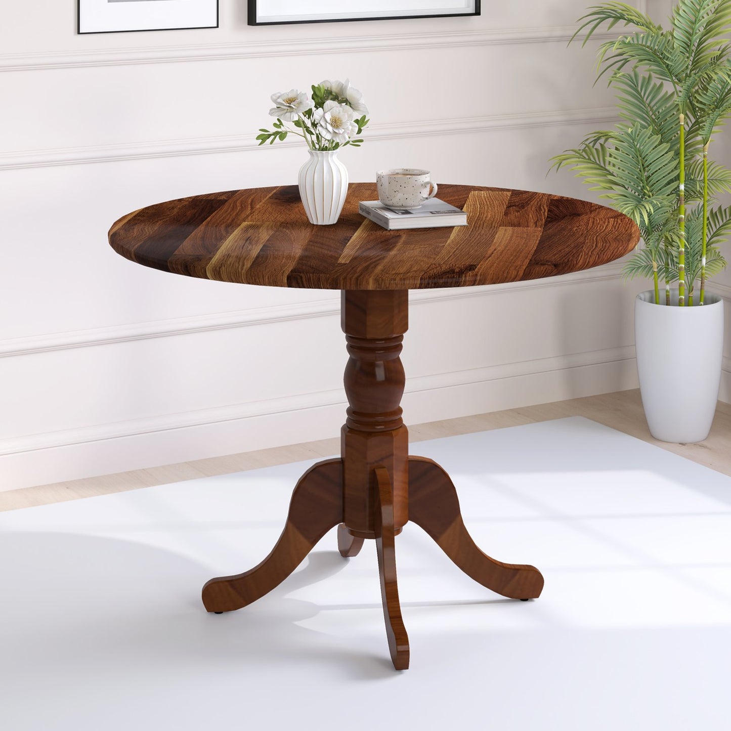Wooden Dining Table with Round Tabletop and Curved Trestle Legs-Black